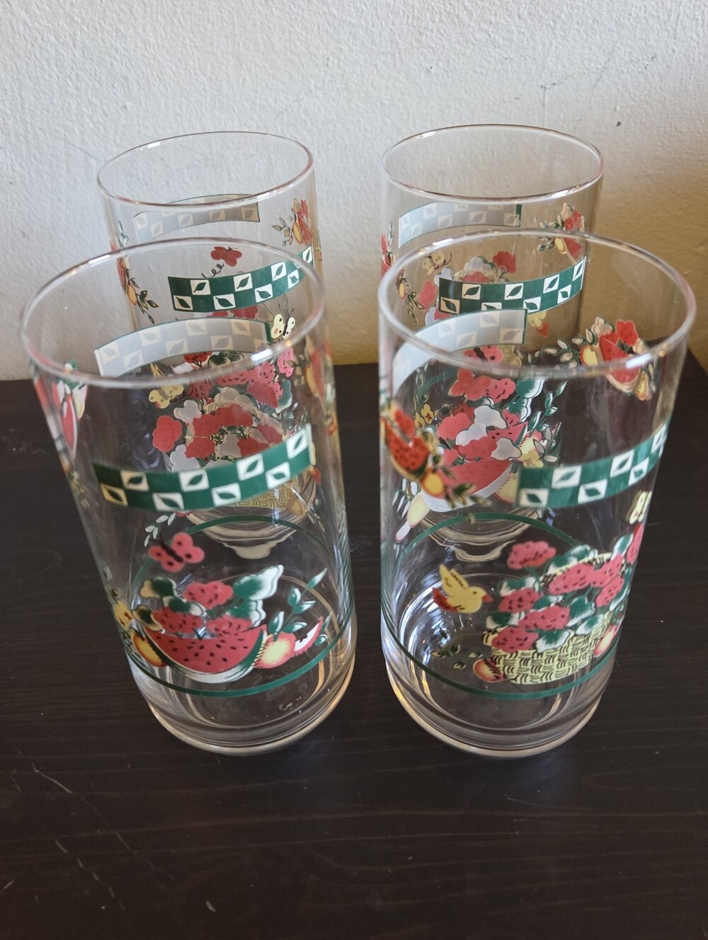 Set of 4 Vintage Fruit & Floral Tall Drinking Glasses